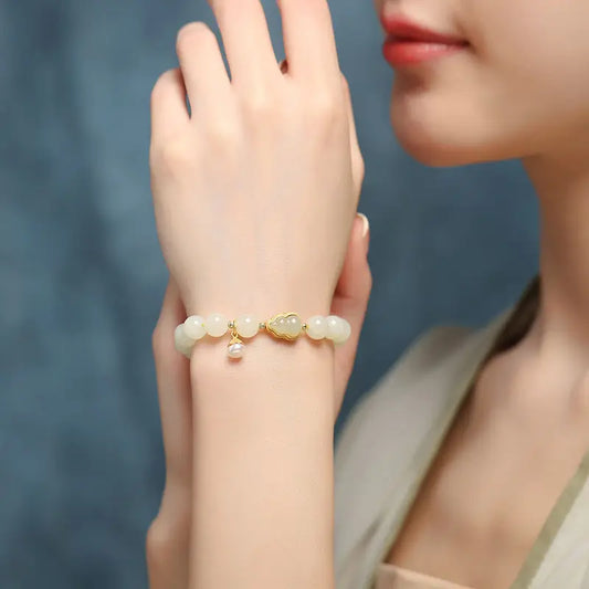 Hotan White Jade Gourd Bracelet — Lucky Handstring Beads for Wife & Girlfriend
