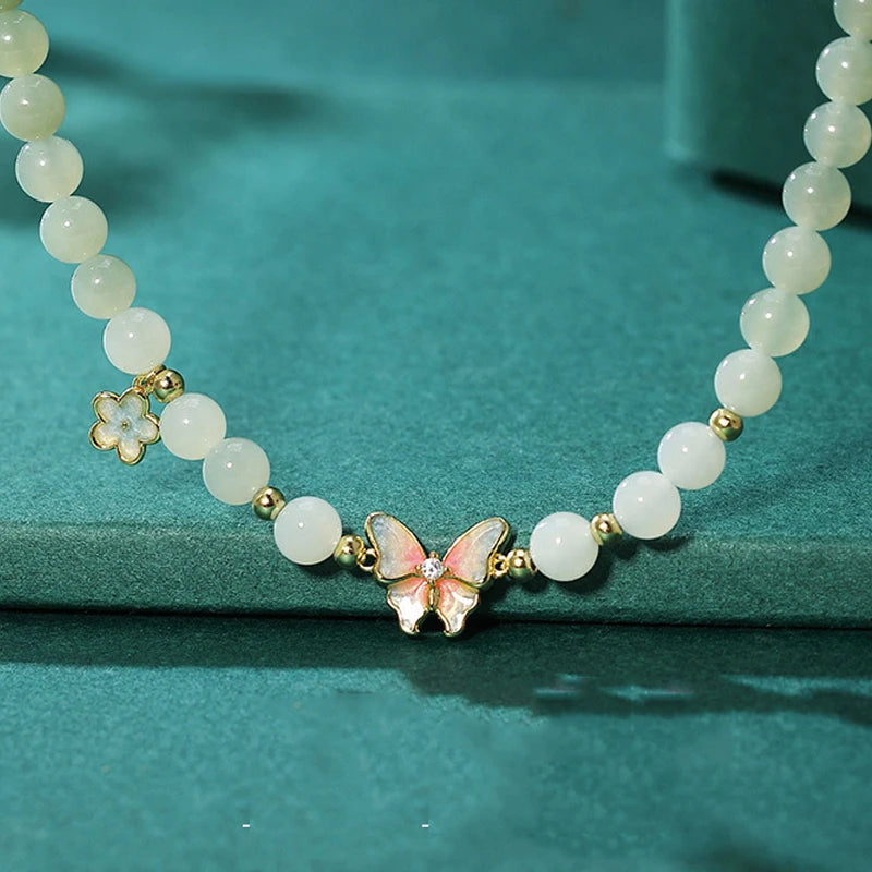 Gradient Jade Beaded Bracelet with Butterfly Charm — Lucky Charm