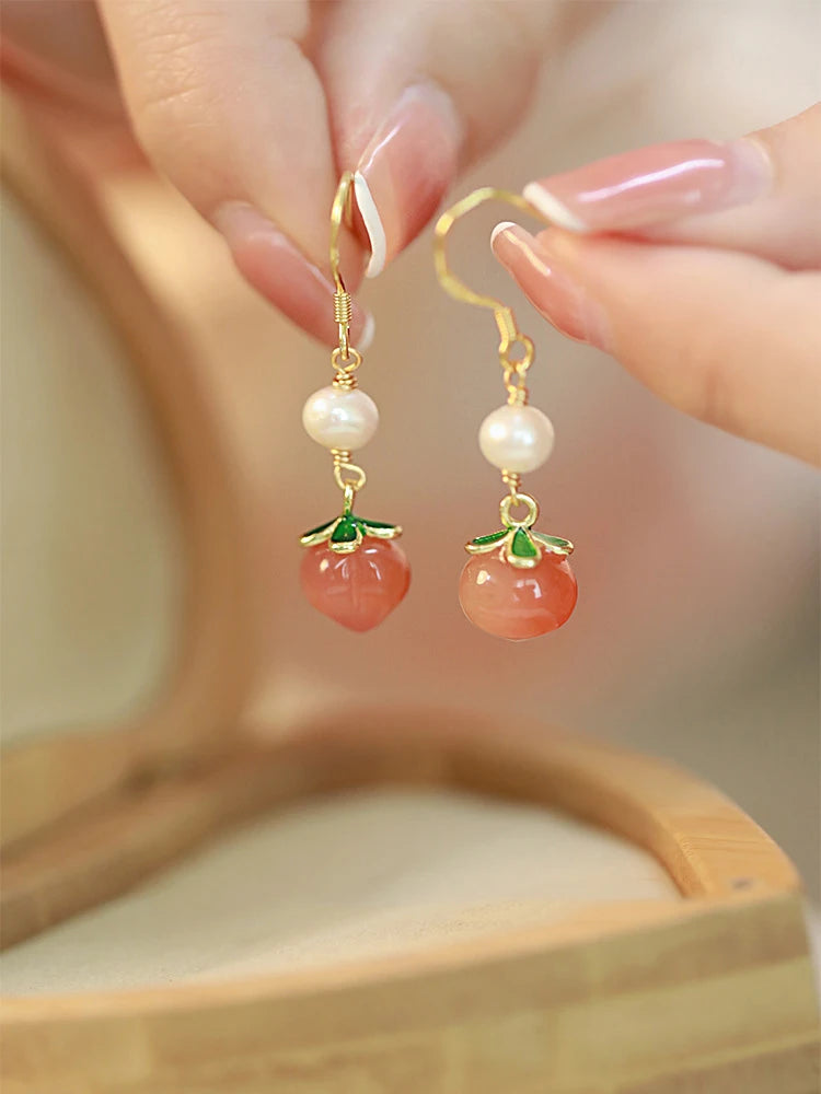 Red Agate Peach Jade Hook Earrings - Vintage Pearl Gift