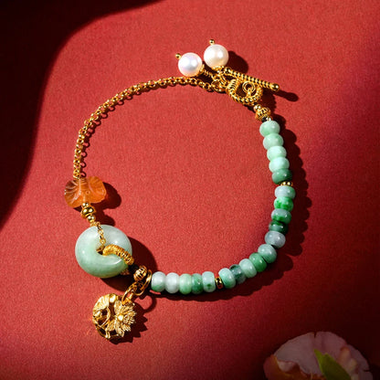 Natural Jadeite Peace-Buckle Bracelet with Pearl Pendant