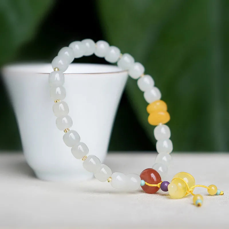 Hetian Jade 7x8mm Beaded Pendant Bracelet — Unisex Charm