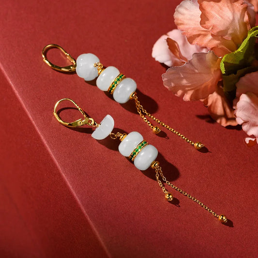 Hetian White Jade Tassel Earrings — Retro Feng Shui Elegance
