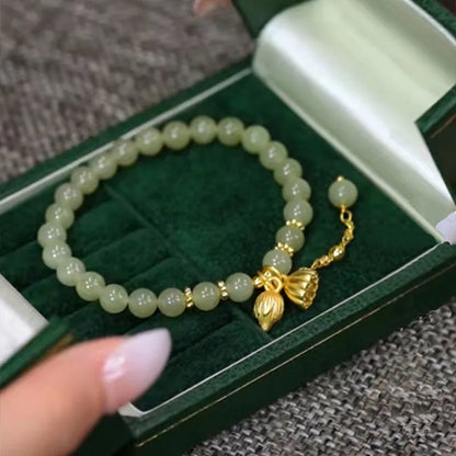 6MM Hetian Jade Lotus Bracelet — Green‑White Hand‑Strung Charm