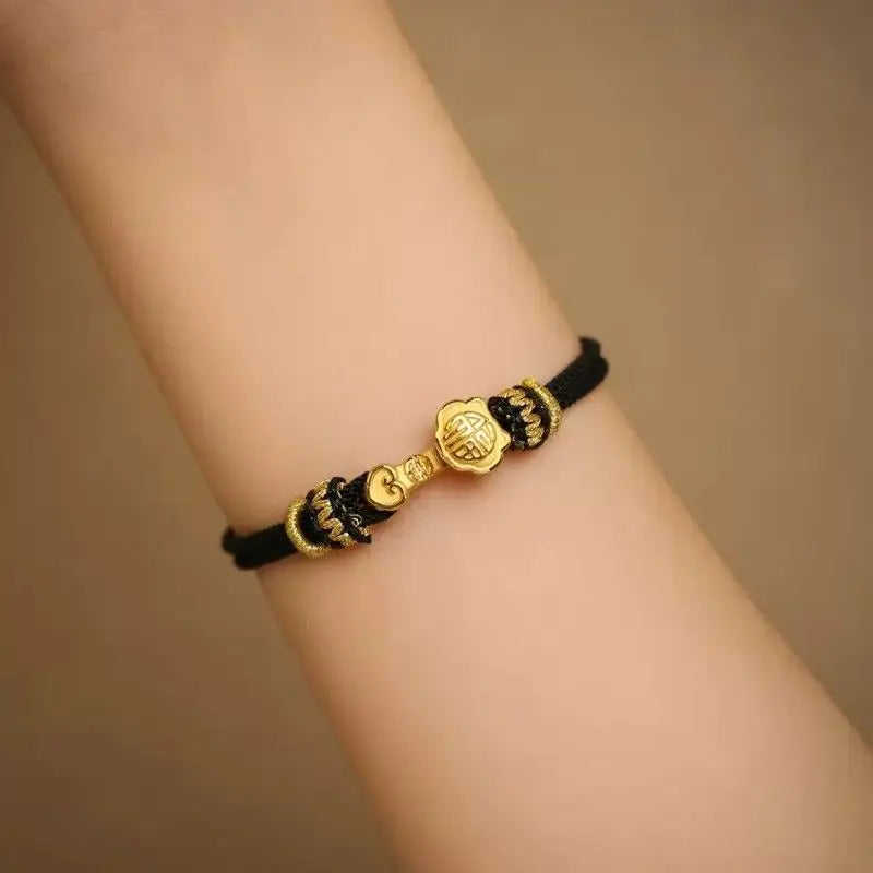 Ruyi Fu Garnet Bracelet - Golden Woven Red & Black Amulet