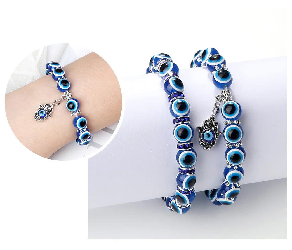10mm Lucky Blue Evil Eye Bracelet with Charm Pendants