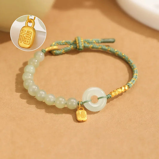 Natural Hetian Jade Lucky Buckle Braided Bracelet for Women