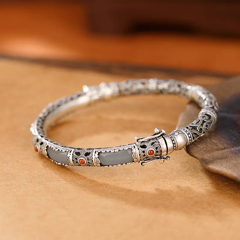 Hollow Butterfly Jade Bangle — Vintage Silver-Tone Bracelet