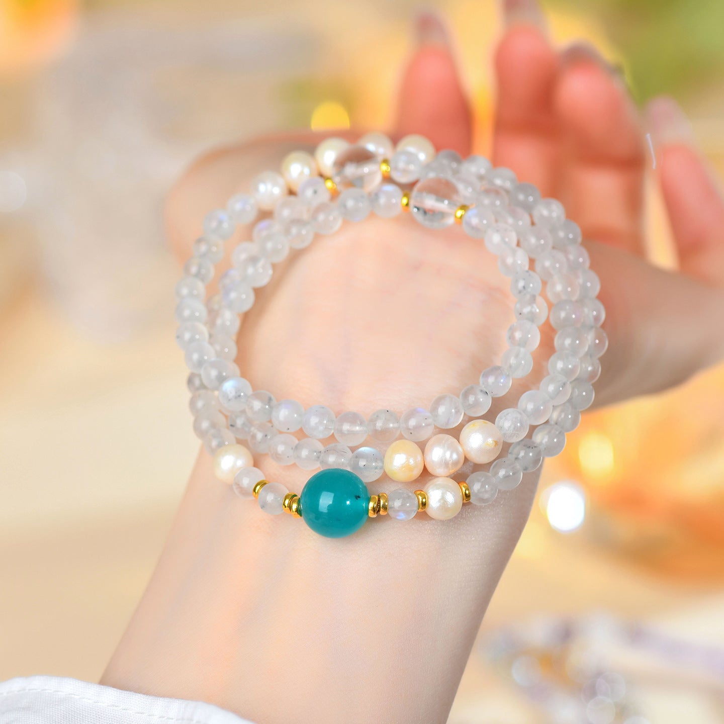 Natural Moonstone & Tianhe Stone Three-Layer Bracelet with Pearl Accents – S925 Silver Harmony Jewelry for Women