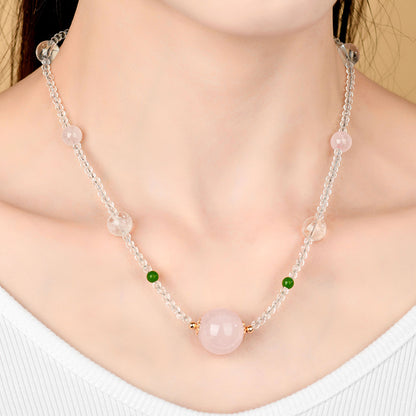 Natural White & Pink Crystal Round Bead Pendant Necklace | Spiritual Elegance & Protection
