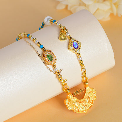 Koi Fish Ruyi Lock Necklace - Ancient Copper Gold Plated Chinese Style Pendant