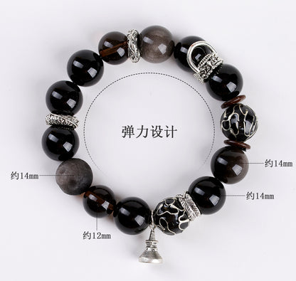 Natural Silver Obsidian Cloisonné Enamel Large Bead Bracelet for Men - Protection & Fortune