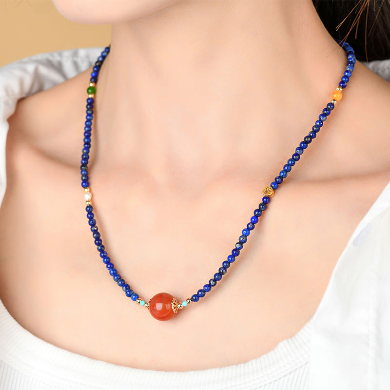 Natural Lapis Lazuli and Southern Red Agate Collarbone Necklace | Wisdom and Protection Talisman