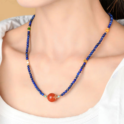 Natural Lapis Lazuli and Southern Red Agate Collarbone Necklace | Wisdom and Protection Talisman