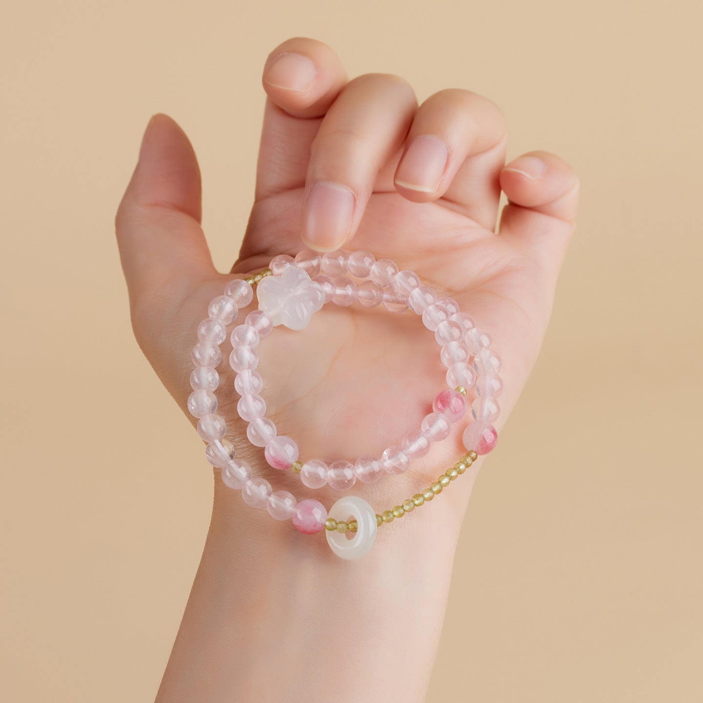 Ice Pink Crystal Peridot Rose Quartz Double Circle Love Bracelet for Women