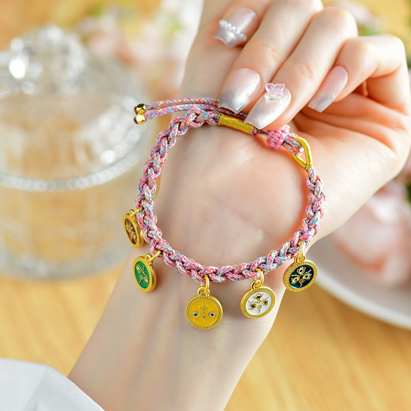 Handwoven Peach Blossom Knot Five-Way God of Wealth Tibetan Thangka Bracelet for Prosperity