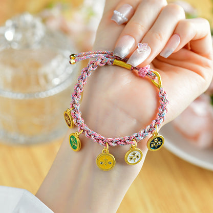 Handwoven Peach Blossom Knot Five-Way God of Wealth Tibetan Thangka Bracelet for Prosperity