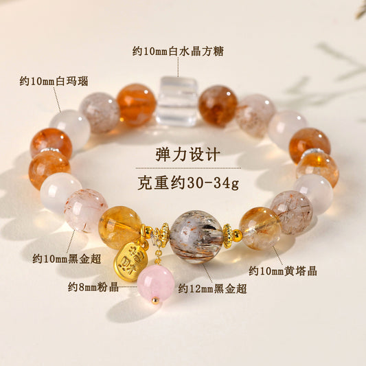 Natural Crystal Multi-Gem Bracelet with Yellow Tower Crystal and White Agate for Women