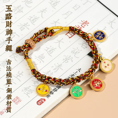 Handwoven Peach Blossom Knot Five-Way God of Wealth Tibetan Thangka Bracelet for Prosperity