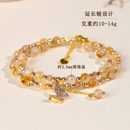 Natural Yellow Pagoda Crystal Butterfly Tassel Double Circle Bracelet for Women