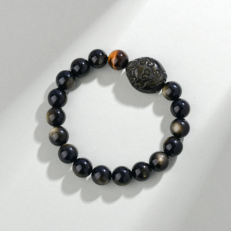 Natural Rainbow Eye Obsidian Pixiu Bracelet - Wealth and Protection Talisman for Couples