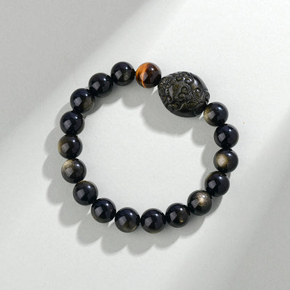 Natural Rainbow Eye Obsidian Pixiu Bracelet - Wealth and Protection Talisman for Couples