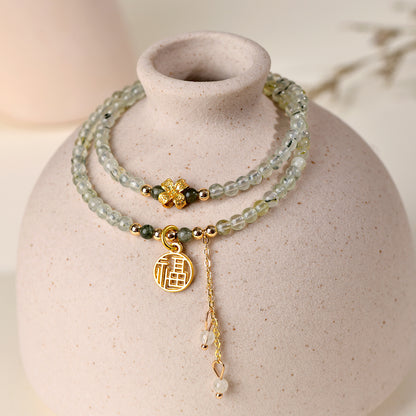 Natural Green Rutilated Quartz Fortune Bracelet | Double Circle Tassel Design for Women