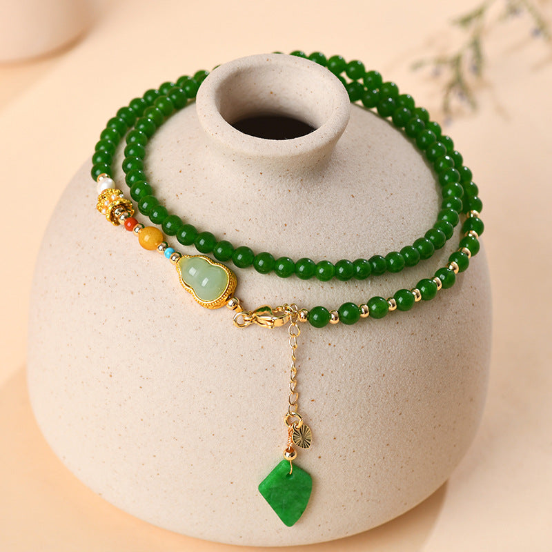 Green Chalcedony Gourd Pendant Necklace | Chinese Retro Style Fortune & Protection Amulet