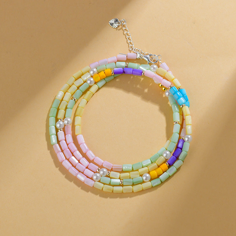 Macaron Candy Color Shell Bead Necklace | Sweet Round and Rice Beads Collarbone Chain
