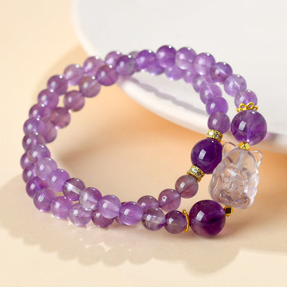 Natural Amethyst Nine-Tailed Fox Double Circle Bracelet - Mystical Chinese Style Women's Jewelry