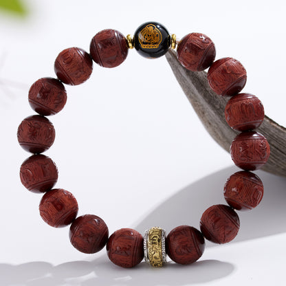 Small Leaf Red Sandalwood Six-Word Mantra Black Obsidian Guardian Deities Zodiac Bracelet for Couples