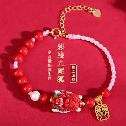 Natural High Content Cinnabar Nine-Tailed Fox Hand-Woven Bracelet | Mystical Protection & Fortune Charm