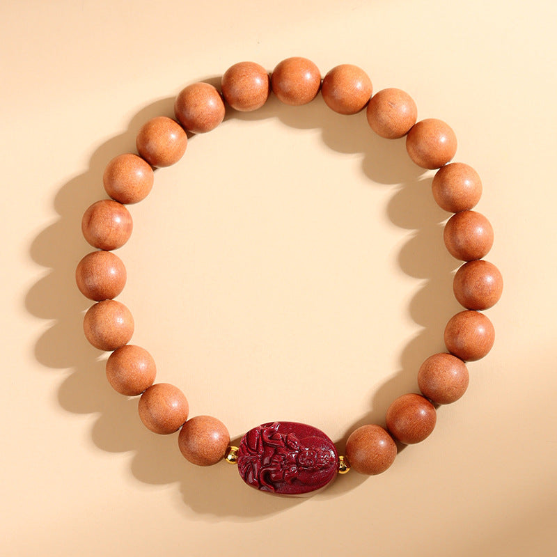 Peach Wood Cinnabar Zodiac Buddha Beads Bracelet | Spiritual Protection & Fortune Amulet