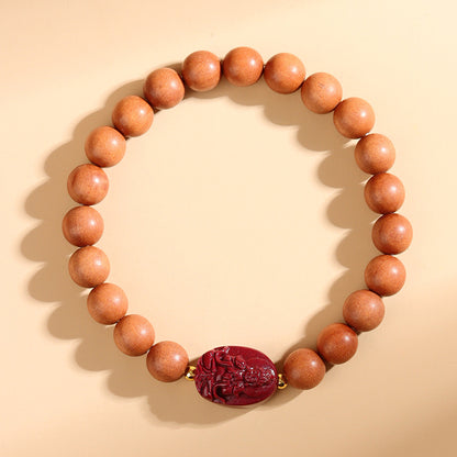 Peach Wood Cinnabar Zodiac Buddha Beads Bracelet | Spiritual Protection & Fortune Amulet
