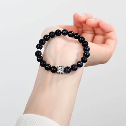 Natural Obsidian Blue Tiger Eye Bracelet | Chinese Style Buddhist Bead for Zodiac Year Protection