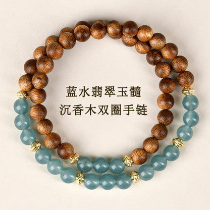 Blue Water Jade Chalcedony Agarwood Buddhist Bracelet | Zen Meditation Beads for Women's Spiritual Protection