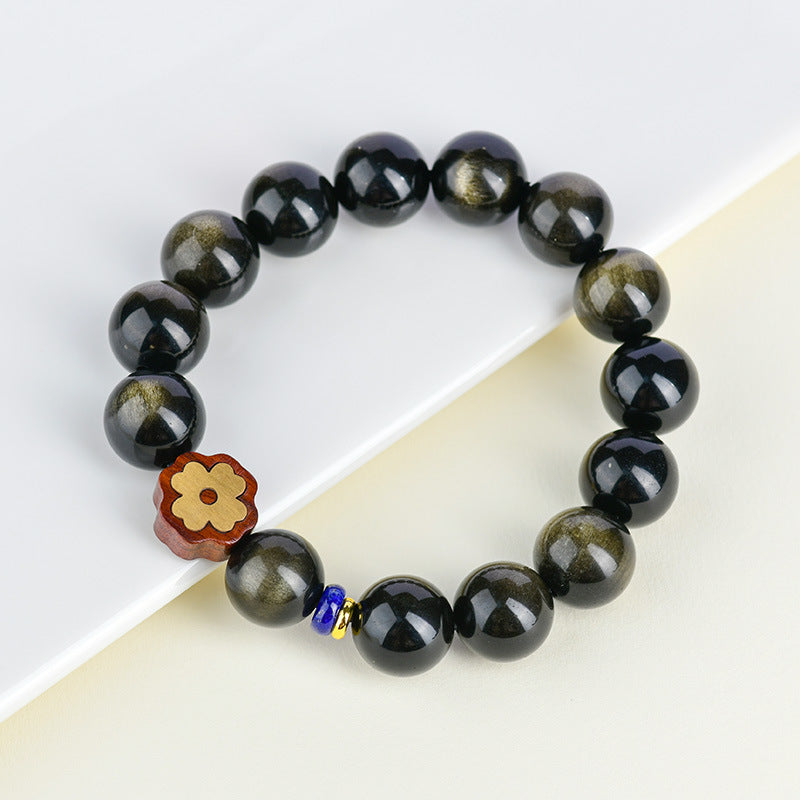 Gold Obsidian Double Eye Bracelet with Lucky Clover - Feng Shui Protection & Wealth Attraction