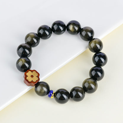 Gold Obsidian Double Eye Bracelet with Lucky Clover - Feng Shui Protection & Wealth Attraction