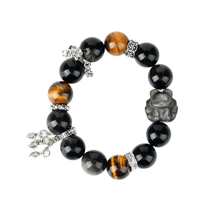 Natural Yellow Tiger Eye Silver Obsidian Nine-Tailed Fox Bracelet | Wisdom Charm Protection Couple Amulet