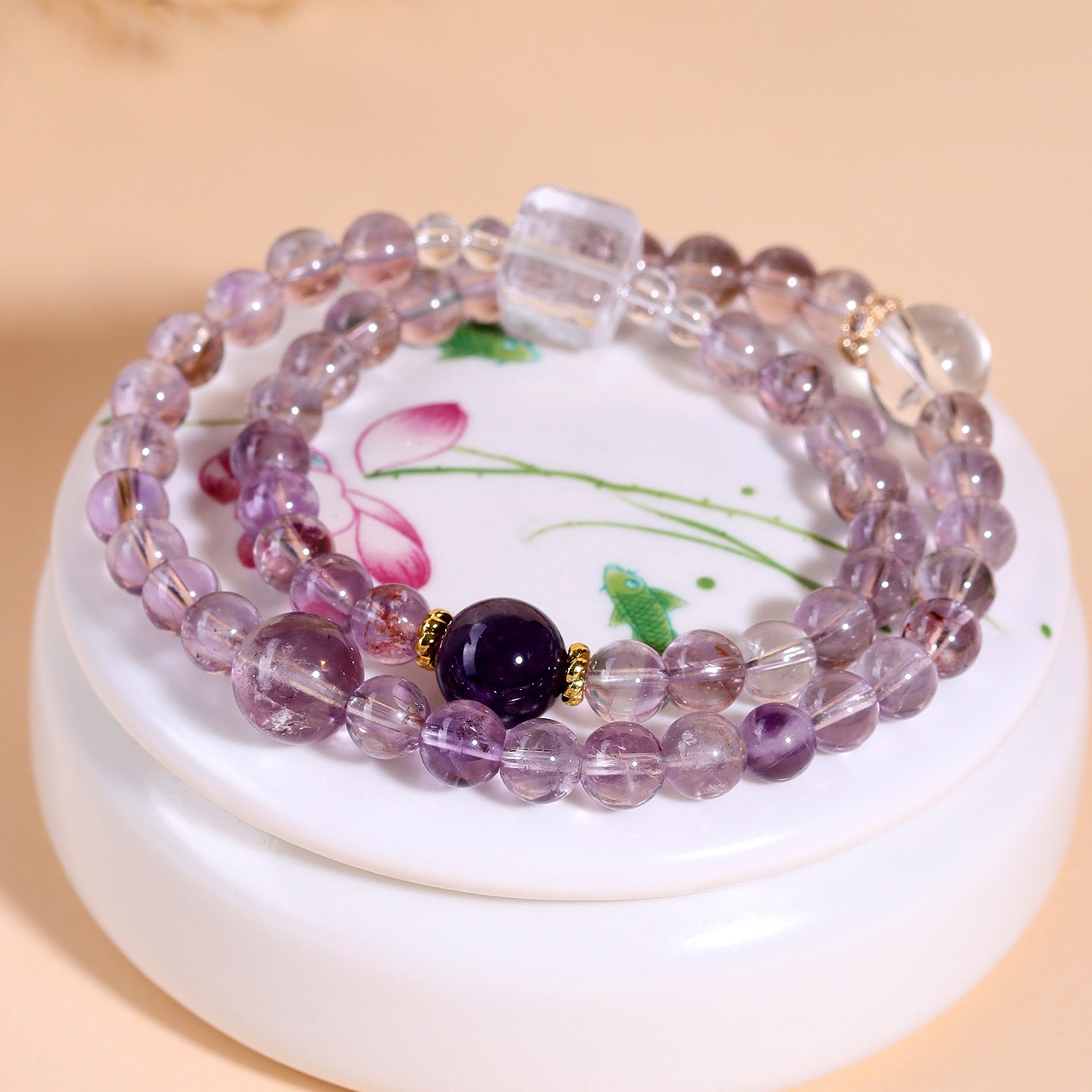 Natural Amethyst White Crystal Double Circle Bracelet | Harmony Energy & Chinese Style Fashion