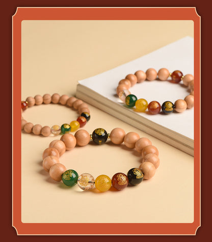 Taishan Peach Wood Zodiac Buddha Wealth God Bracelet - Spiritual Protection & Fortune Amulet