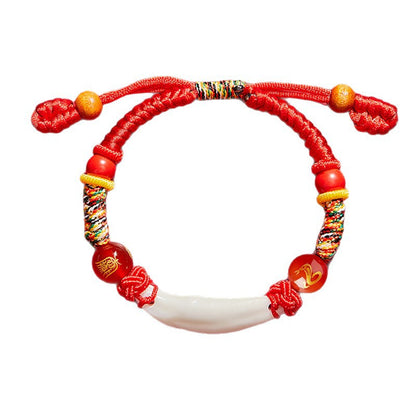 Black Dog Tooth Cinnabar Zodiac Bracelet with Peach Wood Red String for Infant Protection