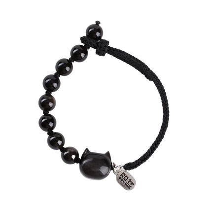 Mystical Silver Obsidian Cat Bracelet - Hand-Woven Protection Charm for Couples