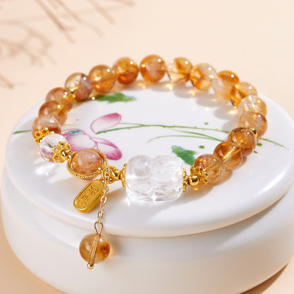 Natural Yellow Pagoda Crystal & White Crystal Pixiu Bracelet - Lucky Charm for Women