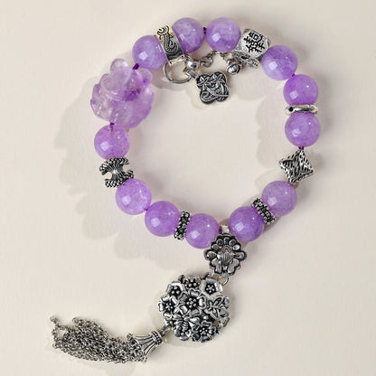 Lavender Amethyst Nine-Tailed Fox Bracelet with Flower Ball Tassel - Artistic Retro Romantic Women's Jewelry