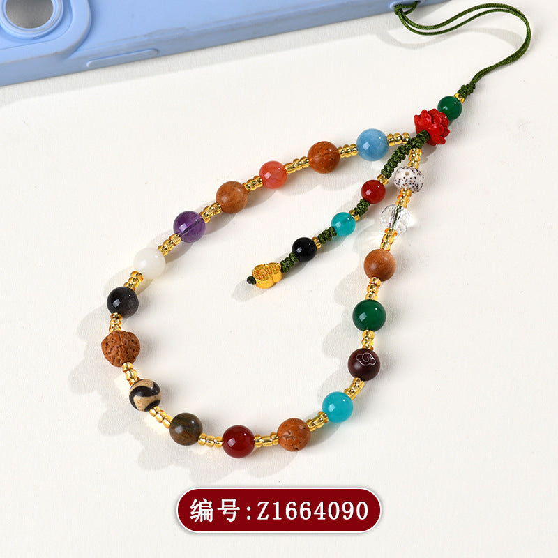 Multi-Treasure Crystal Agate Sandalwood Bodhi Phone Chain with S925 Silver Gourd Pendant