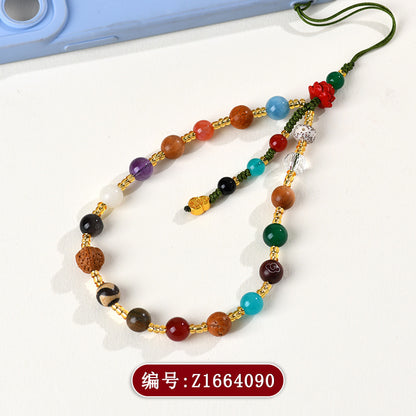 Multi-Treasure Crystal Agate Sandalwood Bodhi Phone Chain with S925 Silver Gourd Pendant