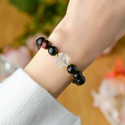 Natural Obsidian Bracelet with White Crystal Lion Awakening - Unisex Spiritual Protection Beaded Jewelry