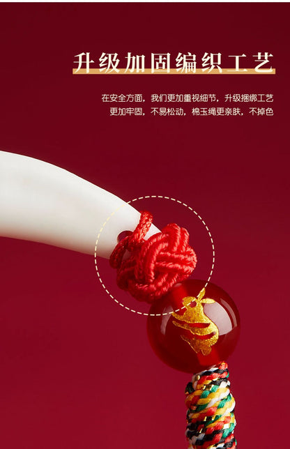 Black Dog Tooth Cinnabar Zodiac Bracelet with Peach Wood Red String for Infant Protection