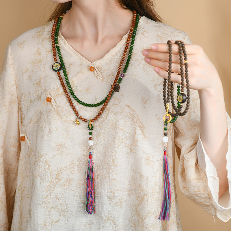 Rosewood Jade Zen Tassel Multi-Circle Bracelet Necklace | Spiritual Harmony and Protection