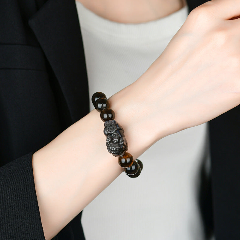 Natural Rainbow Eye Obsidian Pixiu Bracelet - Wealth and Protection Talisman for Couples